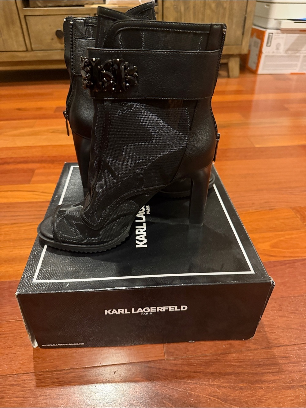 Karl Lagerfeld Black High-Heel Ankle Boots with Buckle Detail